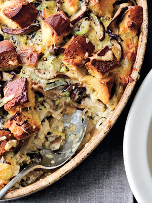 savory leek, bacon, chard bread pudding